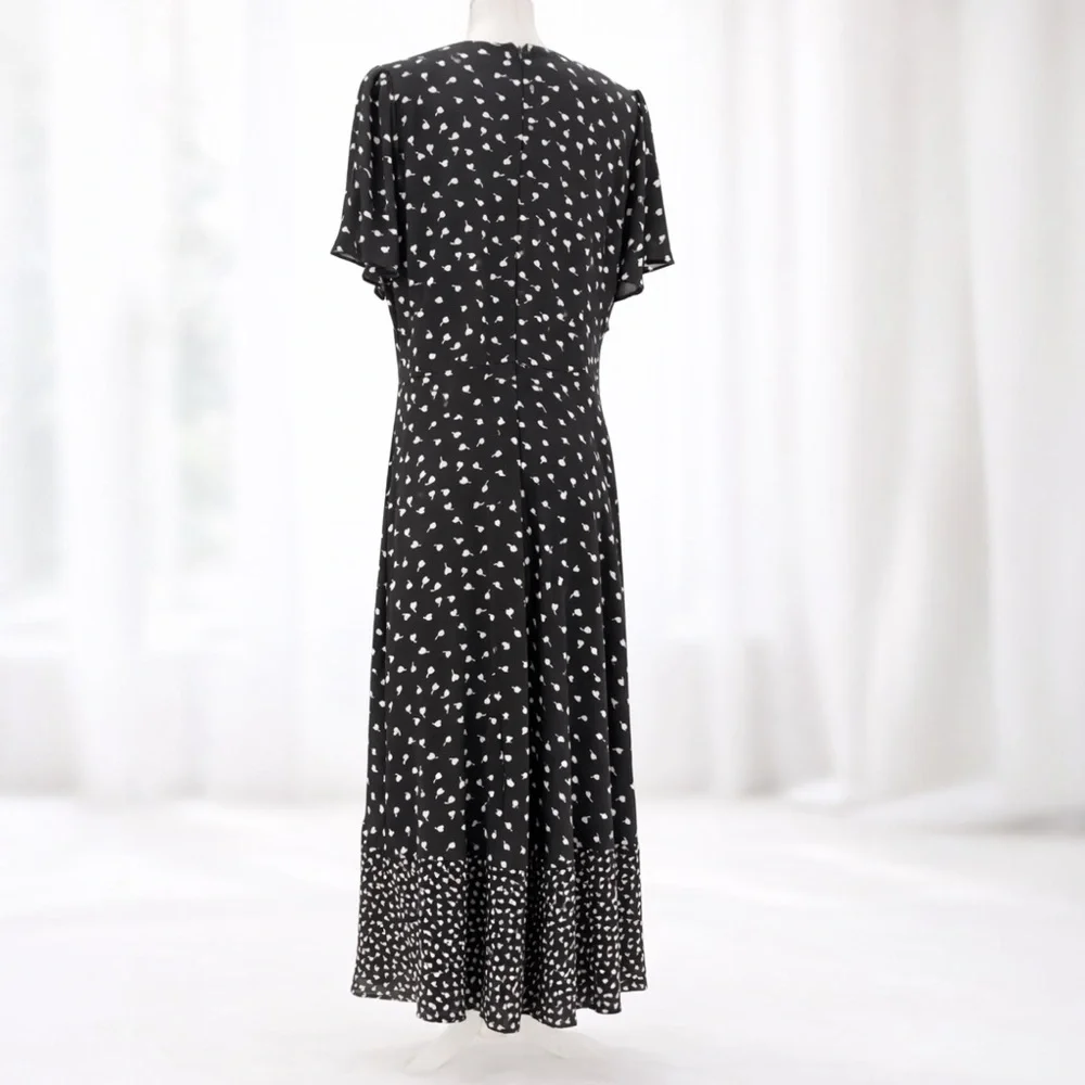 Talbots Womens 12 Flutter Sleeve Midi Dress Black White Dot Pockets Lined A-Line - Picture 4 of 13